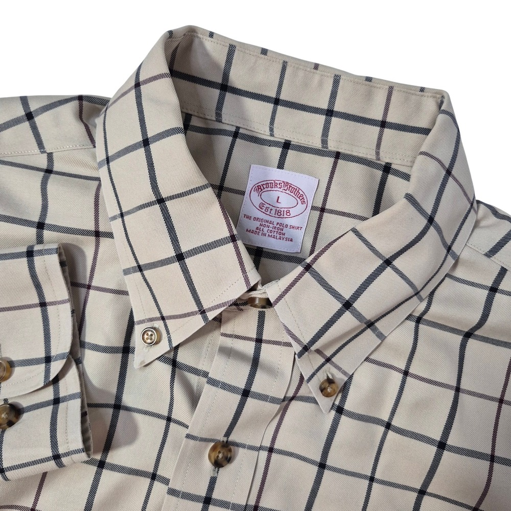 Brooks Brothers Button Down Ahirt Mens Large Beige Windowpane Cotton Non-Iron